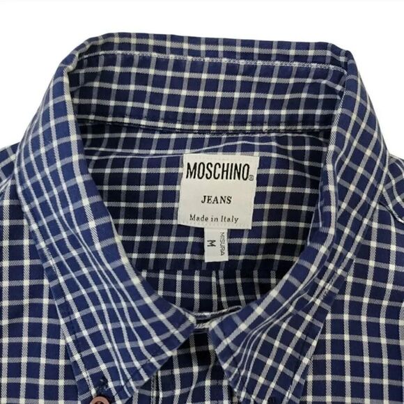 Vintage 90's Moschino Navy Blue Check Longsleeve Button Down Shirt Size Medium - Picture 8 of 10